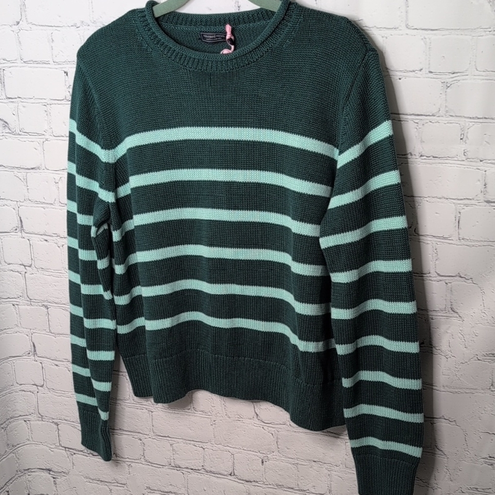 Vineyard Vines Dark Green and Mint Striped Crewneck Sweater